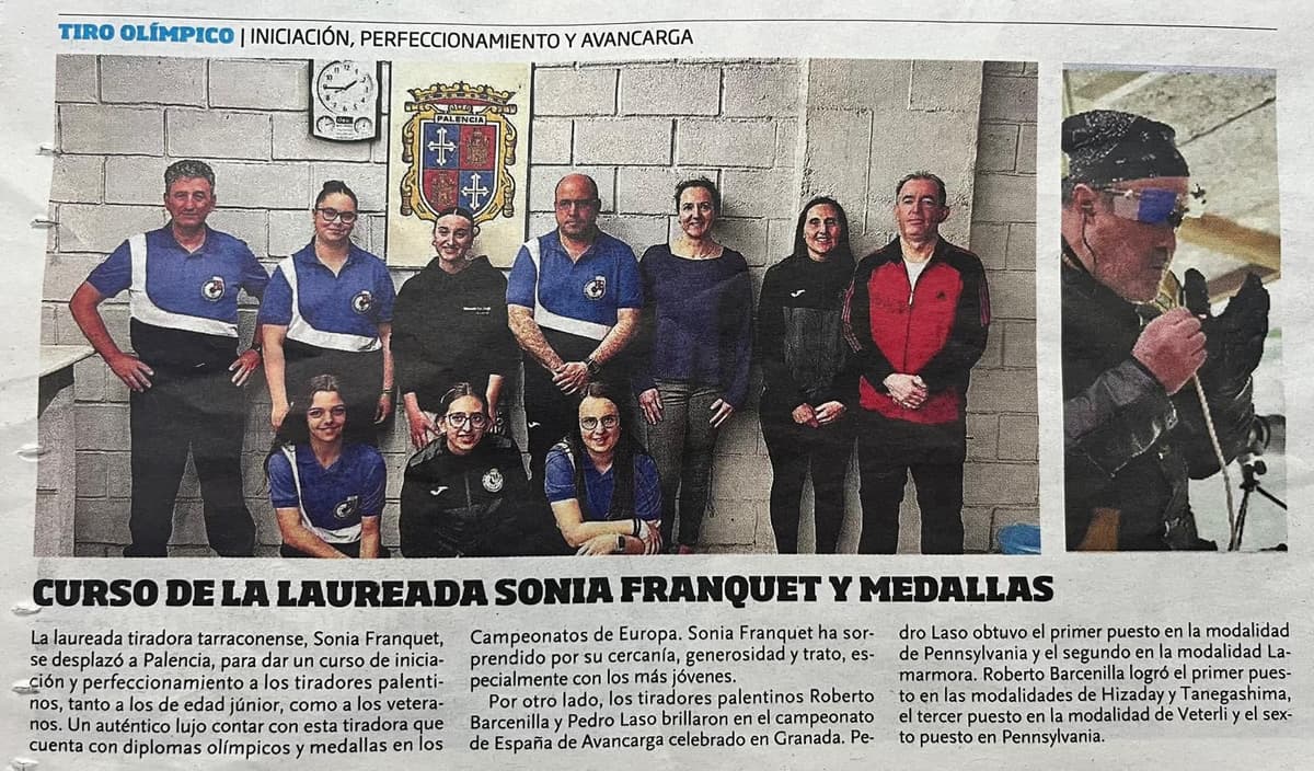 La laureada tiradora tarraconense, Sonia Franquet, se desplazó a Palencia, para dar un curso de iniciación y perfeccionamiento a los tiradores palentinos, tanto a los de edad júnior, como a los veteranos. Un auténtico lujo contar con esta tiradora quecuenta con di lomas olímpicos medallas en los Campeonatos de Europa. Sonia Franquet ha sorprendido por su cercanía, generosidad y trato, especialmente con los más jóvenes.